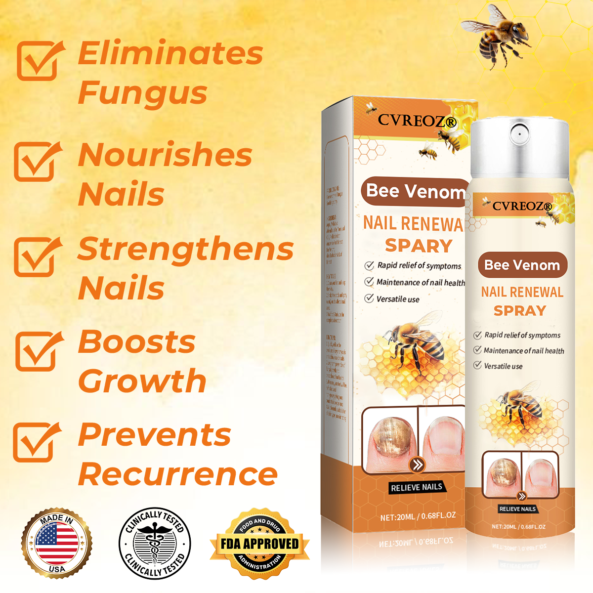 Cvreoz®Bee Venom Nail Renewal Spray👨⚕️ 𝘾𝙚𝙧𝙩𝙞𝙛𝙞𝙚𝙙 𝙗𝙮 𝙩𝙝𝙚 𝘼𝙢𝙚𝙧𝙞𝙘𝙖𝙣 𝘼𝙘𝙖𝙙𝙚𝙢𝙮 𝙤𝙛 𝘿𝙚𝙧𝙢𝙖𝙩𝙤𝙡𝙤𝙜𝙮(𝘼𝘼𝘿)